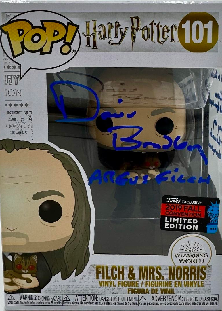 David Bradley Signed Funko Pop #101 Argus Filch (Harry Potter) w/quote and character name - SWAU